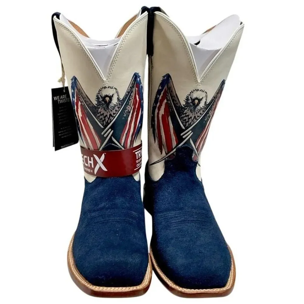 Twisted X Cowboy Boots Mens 9.5 Navy Flag Eagle Tech X Suede Square Toe Western